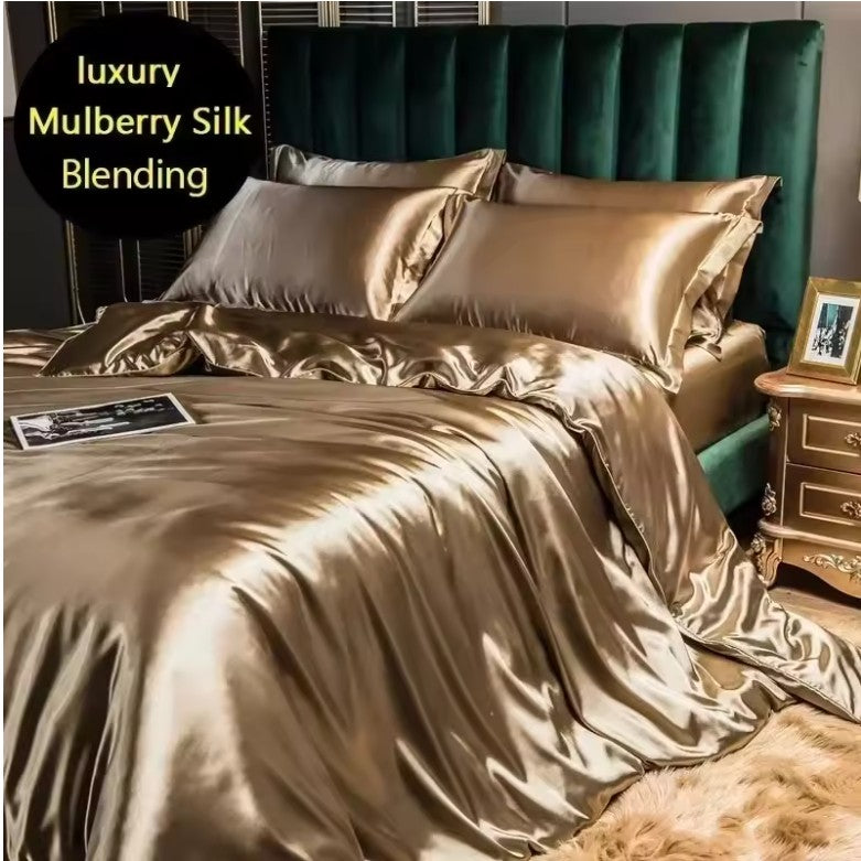 High-End Natural Mulberry Silk Bedding Set – Satin Duvet Cover with Sheets
